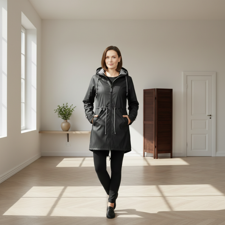 Woman walking indoors wearing a long black hooded coat.