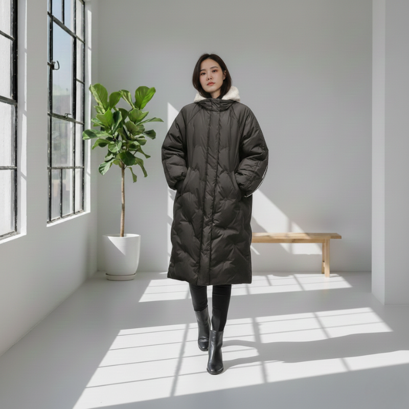 Person wearing a long black puffer coat in a bright room with large windows.
