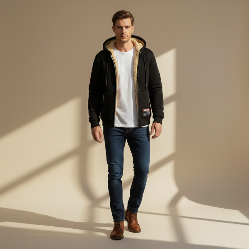 Front view of a man wearing a black sherpa lined hoodie over a white t-shirt, paired with dark blue jeans and brown boots, standing indoors with sunlight shadows.