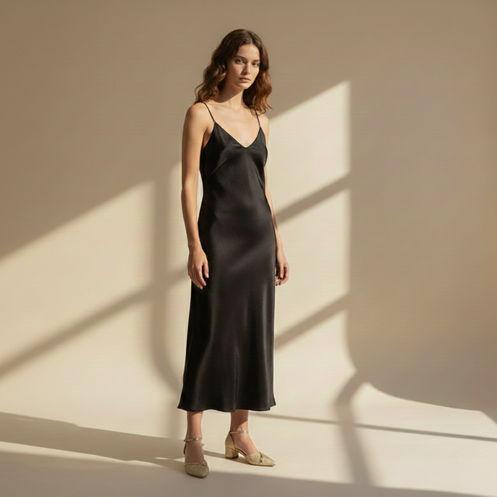 Woman wearing a black slip dress standing in a sunlit room with shadows on the wall.