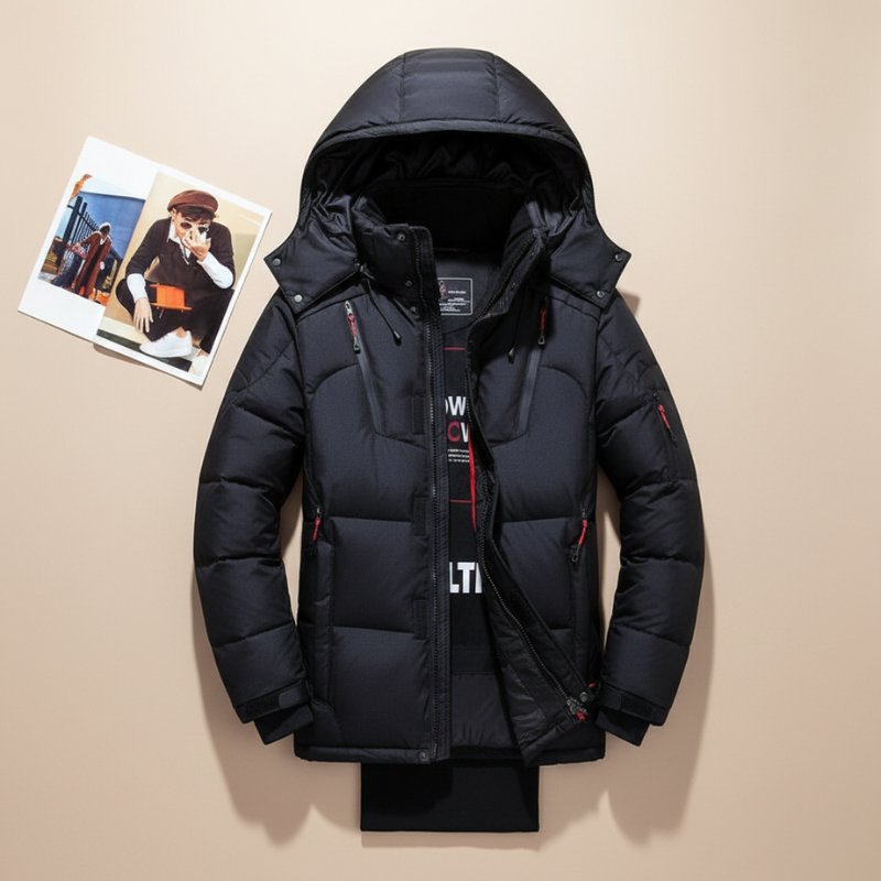 mens black winter parka laid flat showing hood design and insulated structure