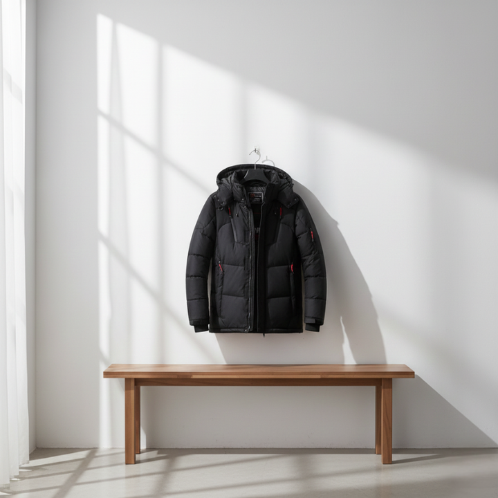 black mens down parka placed upright on bench showing full front shape and hood