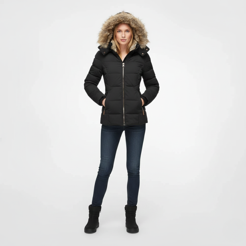 Person wearing a black puffer jacket with fur-lined hood on a white background