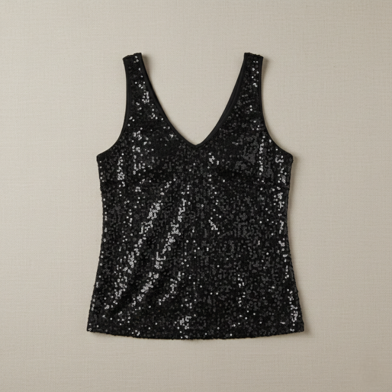 Flatlay of a black V-neck sequin top showing sparkle texture and sleeveless cut on a neutral background.
