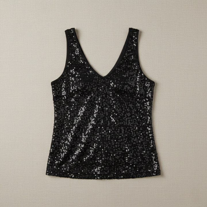 Flatlay of a black V-neck sequin top showing sparkle texture and sleeveless cut on a neutral background.