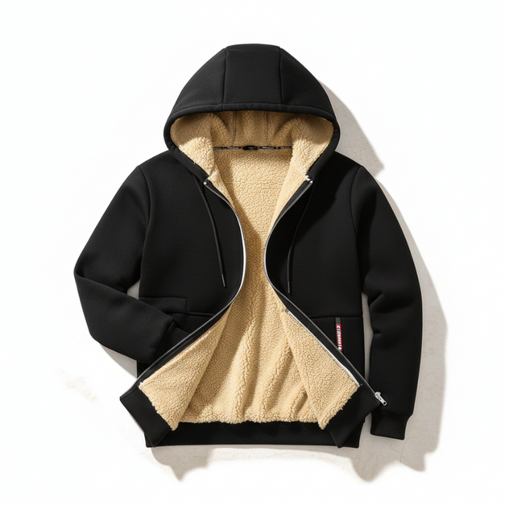 Black hoodie with beige fleece lining on a white background