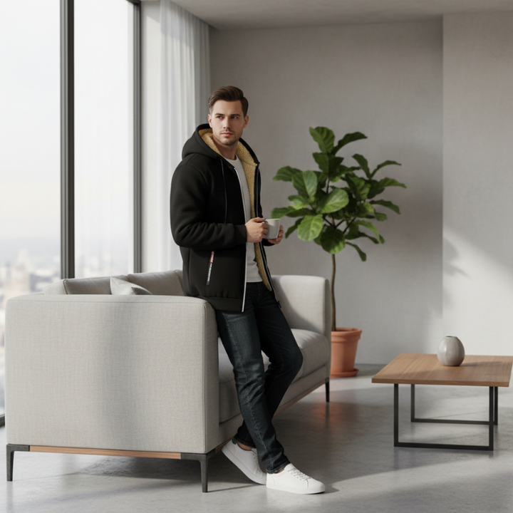 Man sitting on a modern sofa holding a coffee cup in a minimalistic living room.