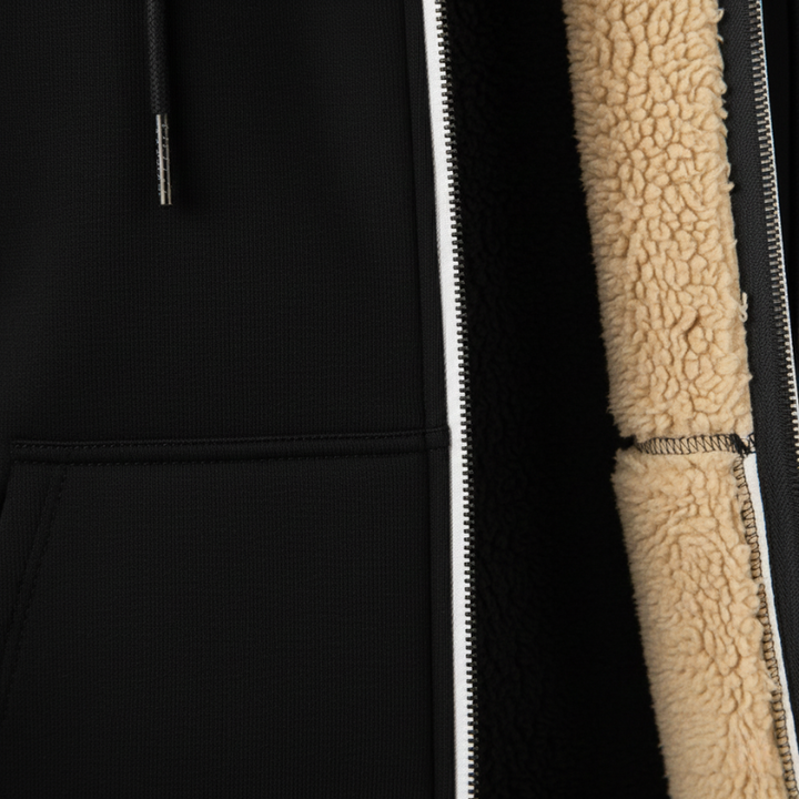 Close-up of a black hoodie with beige sherpa lining on the hood and zipper.
