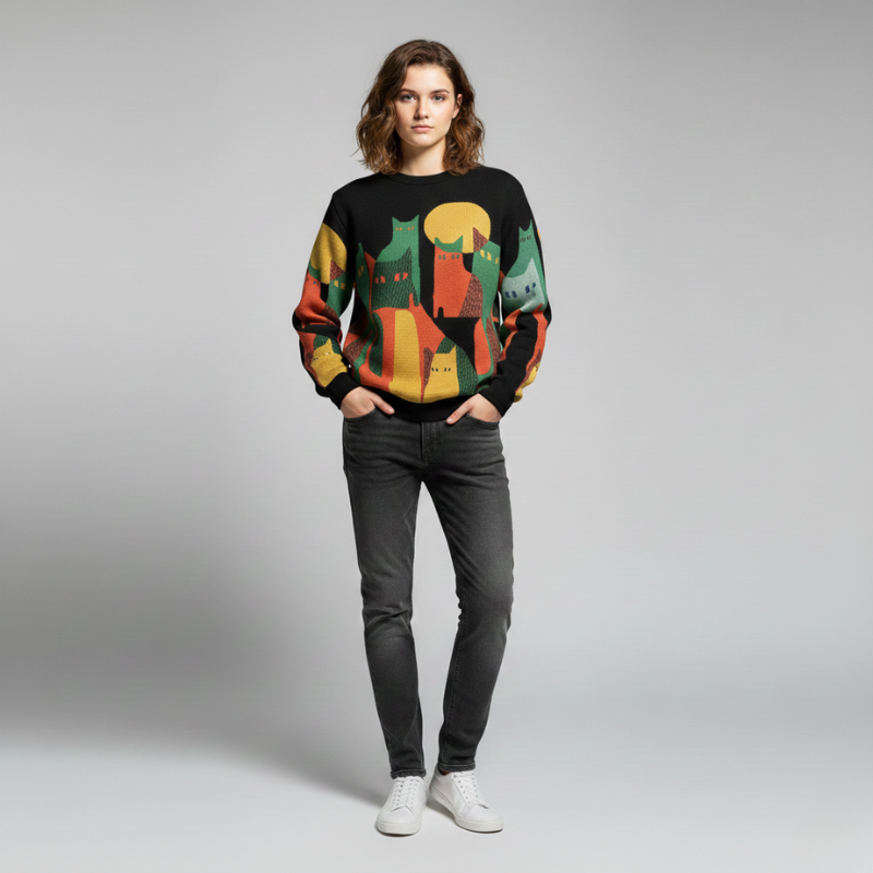 Person wearing a colorful sweater with cat designs on a gray background