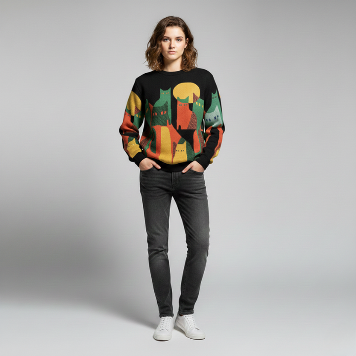 Person wearing a colorful sweater with cat designs on a gray background