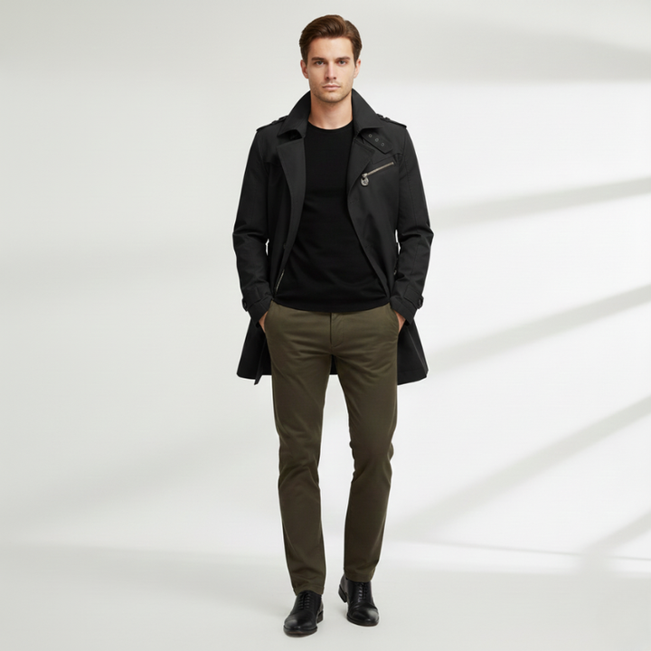 Man wearing a black coat, black shirt, and green pants on a white background