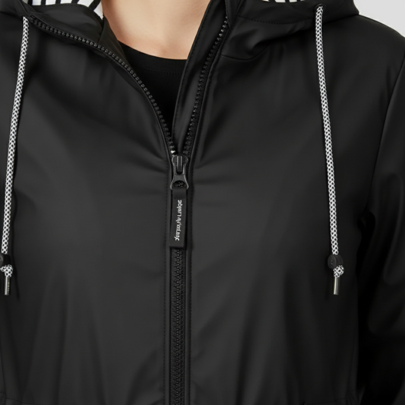 Close-up view showing zipper and hood details of a black winter coat.