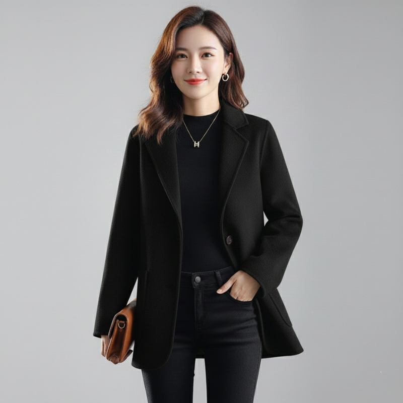Women wearing black formal blazer front view