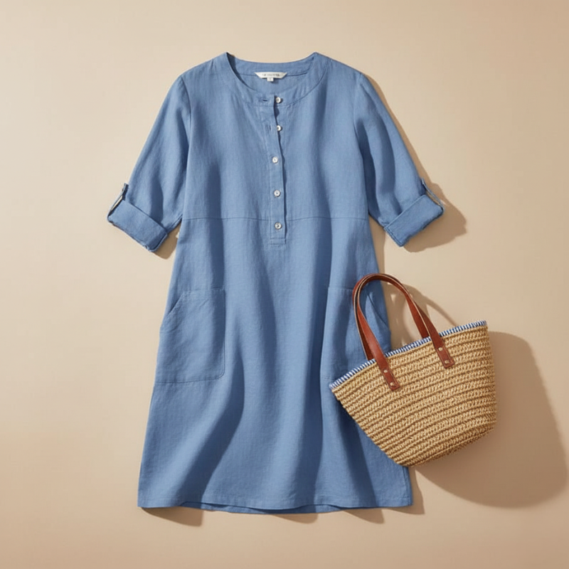Flatlay of a blue knee-length casual dress with 3/4 sleeves and front buttons displayed on a neutral surface.