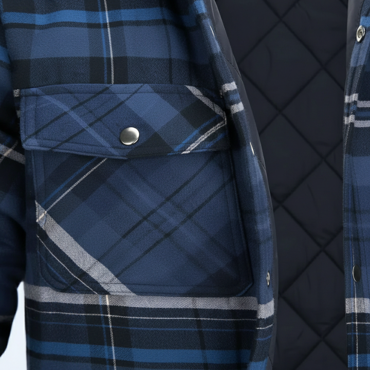 Close-up of blue check jacket fabric texture