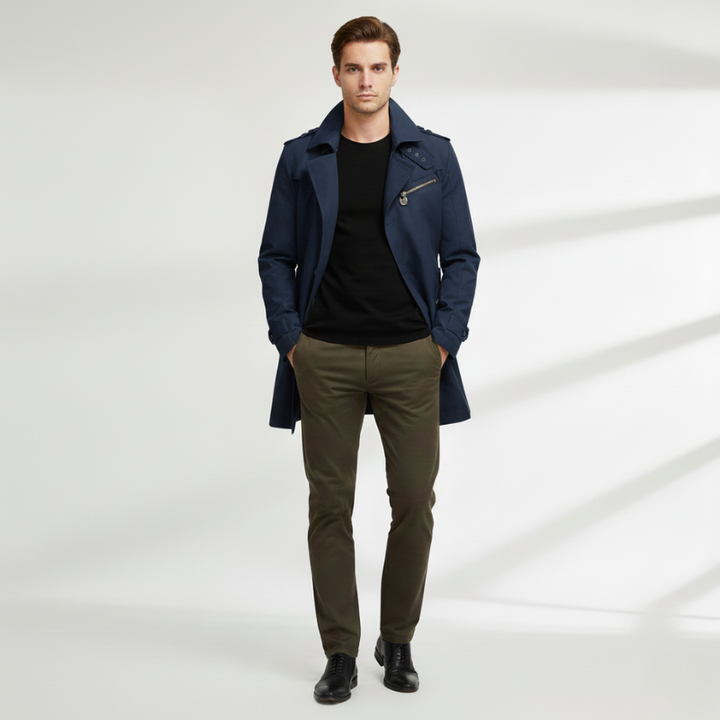 Man wearing a navy coat, black shirt, and green pants on a white background