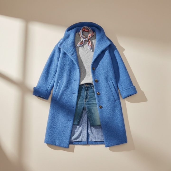 Blue coat displayed on a mannequin against a beige background
