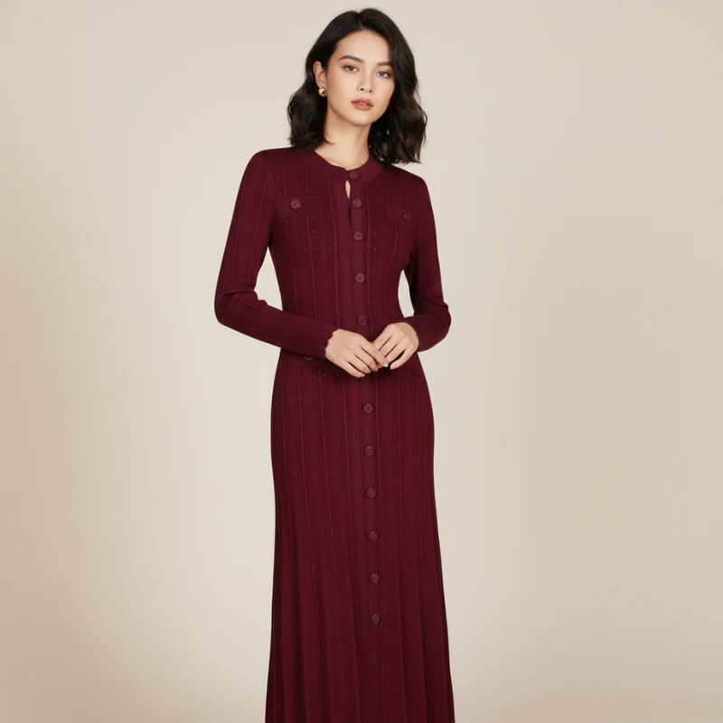 Woman wearing a burgundy dress with buttons on a beige background