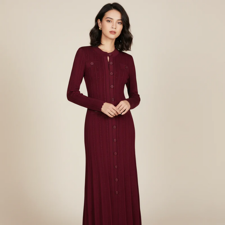 Woman wearing a burgundy dress with buttons on a beige background