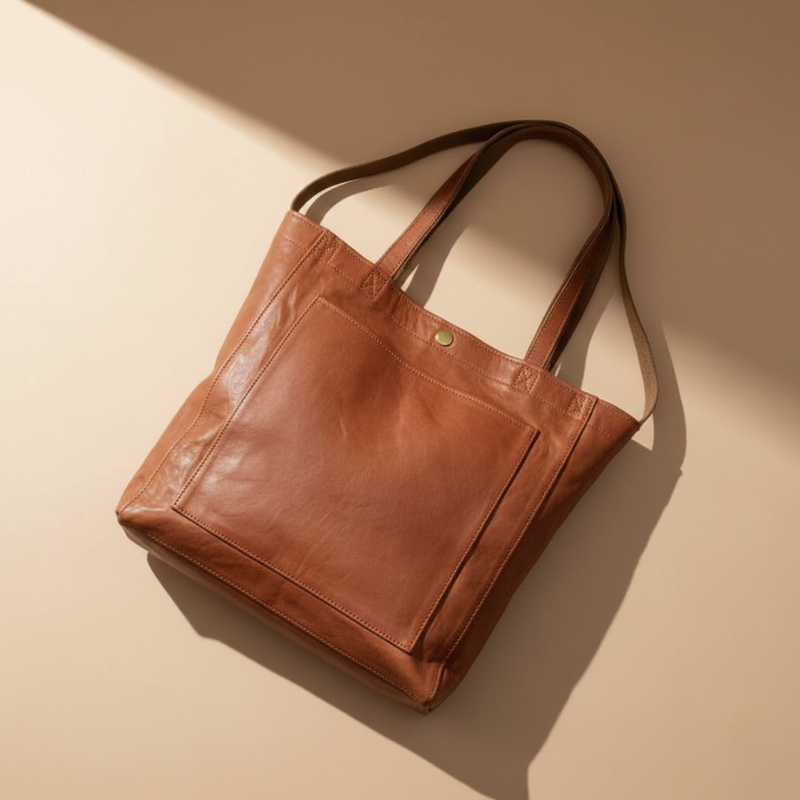 Flatlay of a brown leather tote bag showing handles, smooth leather texture, and structured shape on a neutral background.