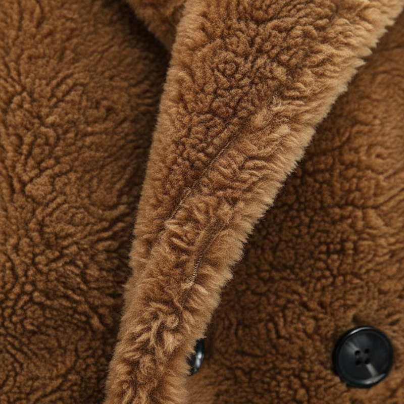Close-up of a brown sherpa coat showing plush fleece texture, wide collar, and black button detail.