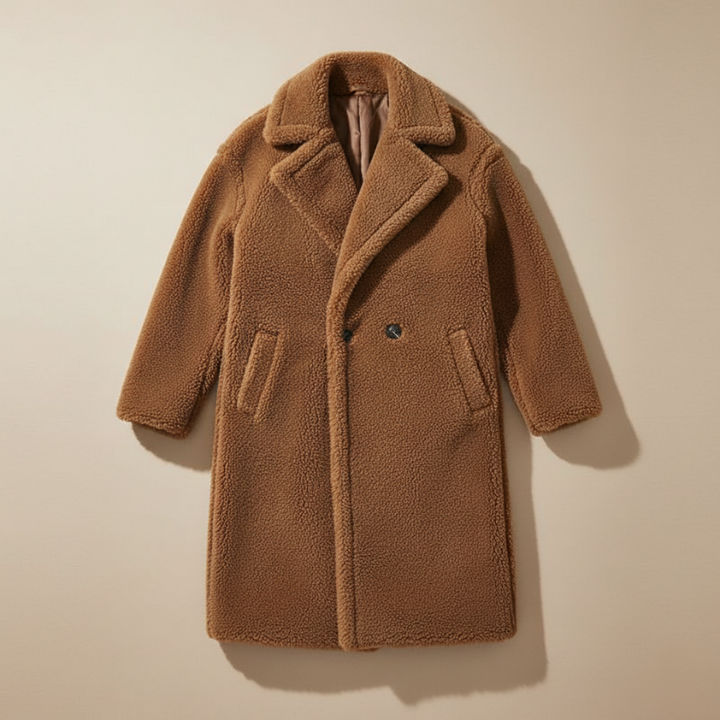 Flatlay of a long brown sherpa coat showcasing its fuzzy texture, oversized collar, and relaxed winter fit.