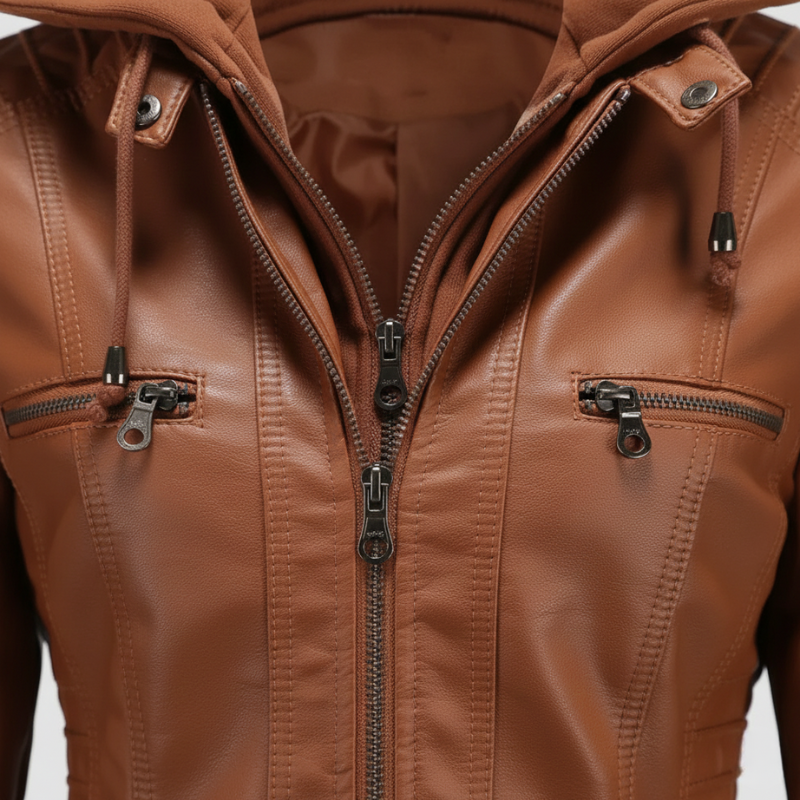 Close-up of a brown leather jacket with zippers on a neutral background