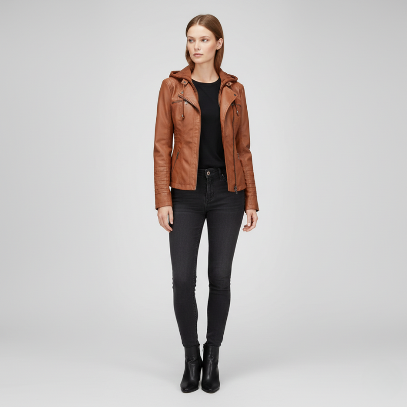 Woman wearing a brown leather jacket and black pants on a white background