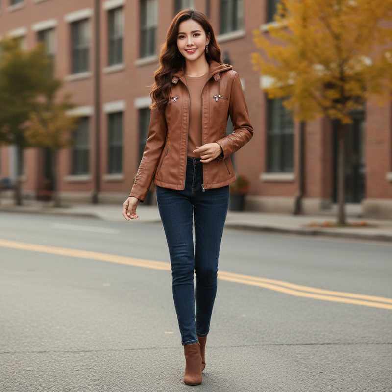 Woman in a brown leather jacket and blue jeans walking on a street.