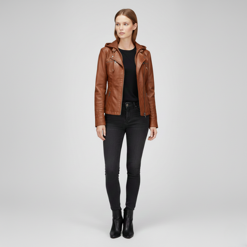 Woman wearing a brown leather jacket and black pants on a white background