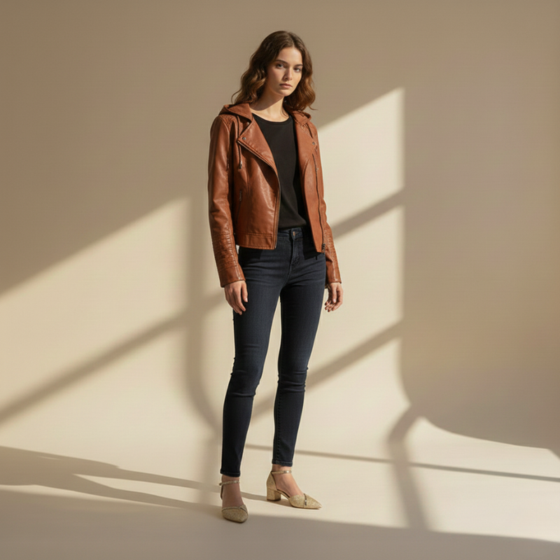 Woman wearing a brown leather jacket and dark jeans standing against a beige wall with sunlight casting shadows.