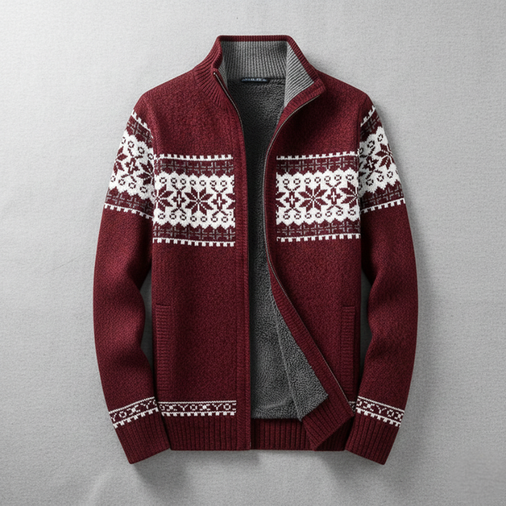 Flatlay of a burgundy Nordic-pattern knit zip sweater showing collar and design details.