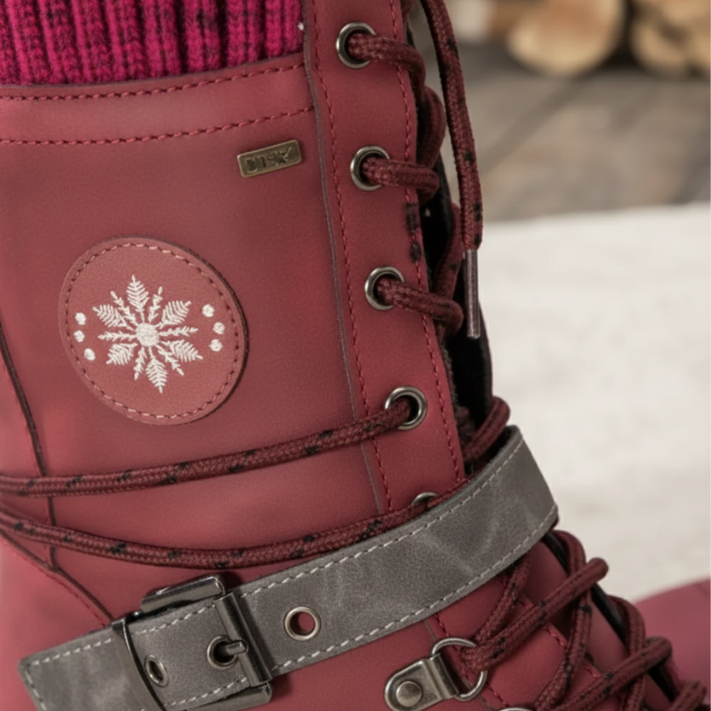 Close-up of burgundy winter boots showing stitching, textured leather, and lace-up design.