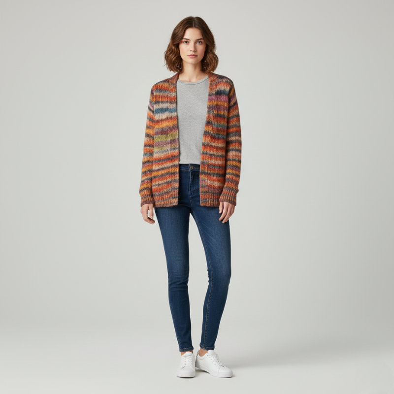 Woman wearing a striped cardigan, gray shirt, blue jeans, and white sneakers on a light gray background