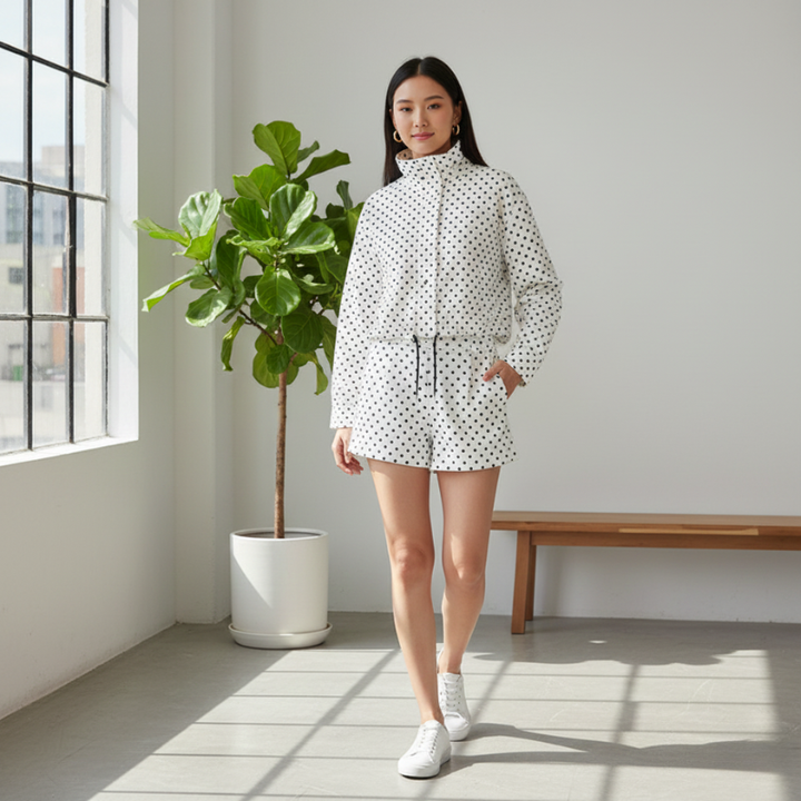 Woman in a white polka dot outfit standing in a bright room with a plant and bench.