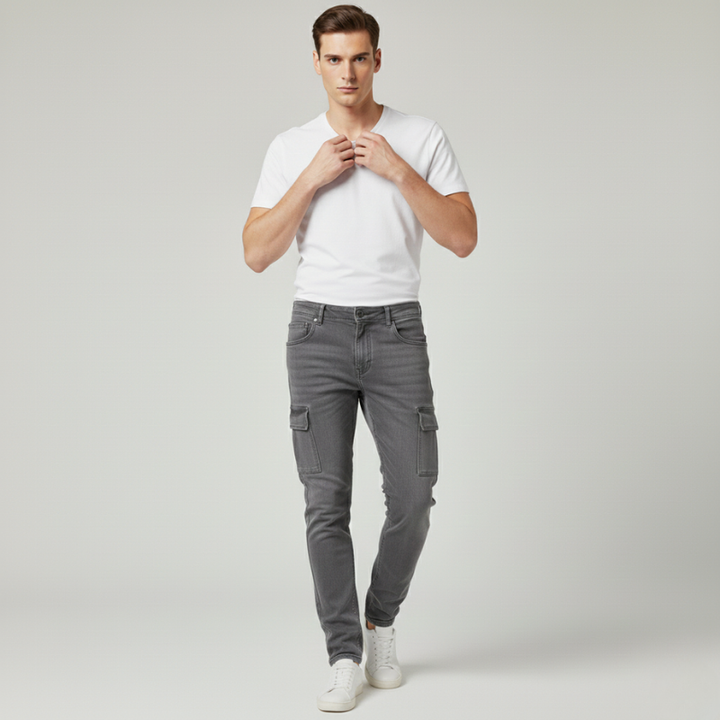 Model wearing gray slim fit cargo jeans styled with white t-shirt for everyday casual wear