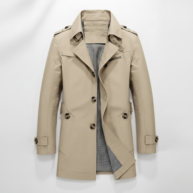 Beige trench coat with plaid lining on a white background