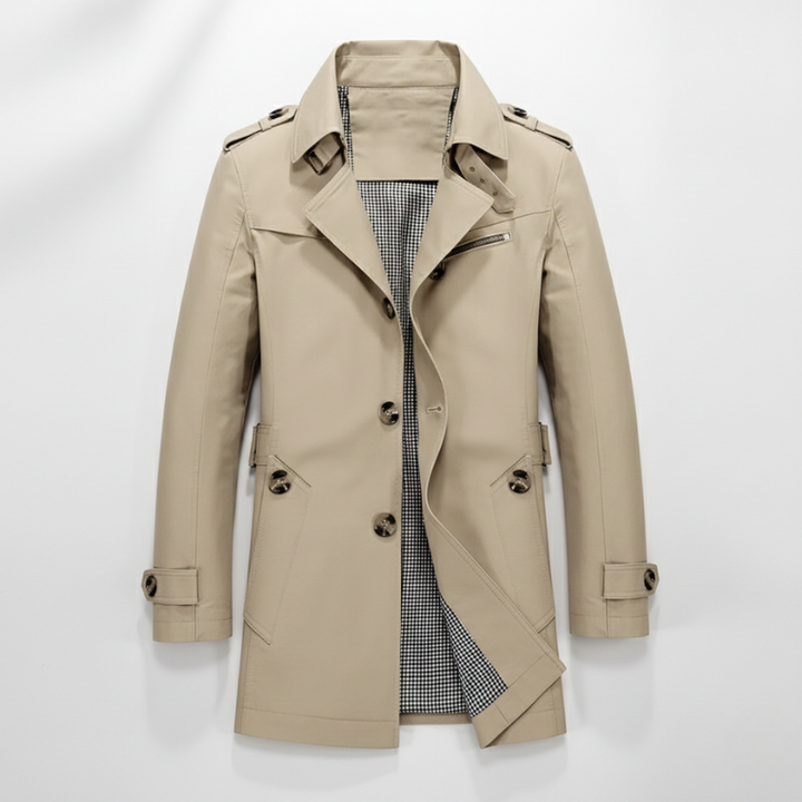 Beige trench coat with plaid lining on a white background