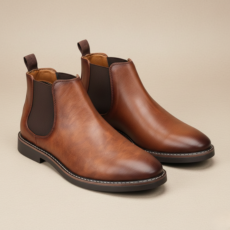 Pair of brown leather Chelsea boots on a beige background