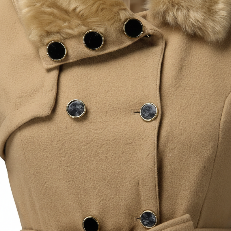 Close-up of a beige coat with black buttons and fur trim on a white background