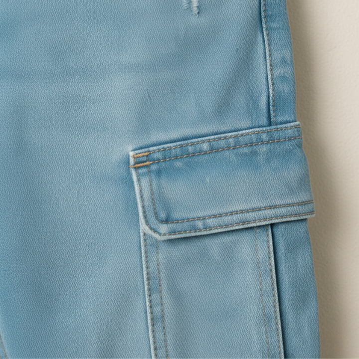 Close-up of cargo jeans pocket showing stitching detail and durable denim fabric