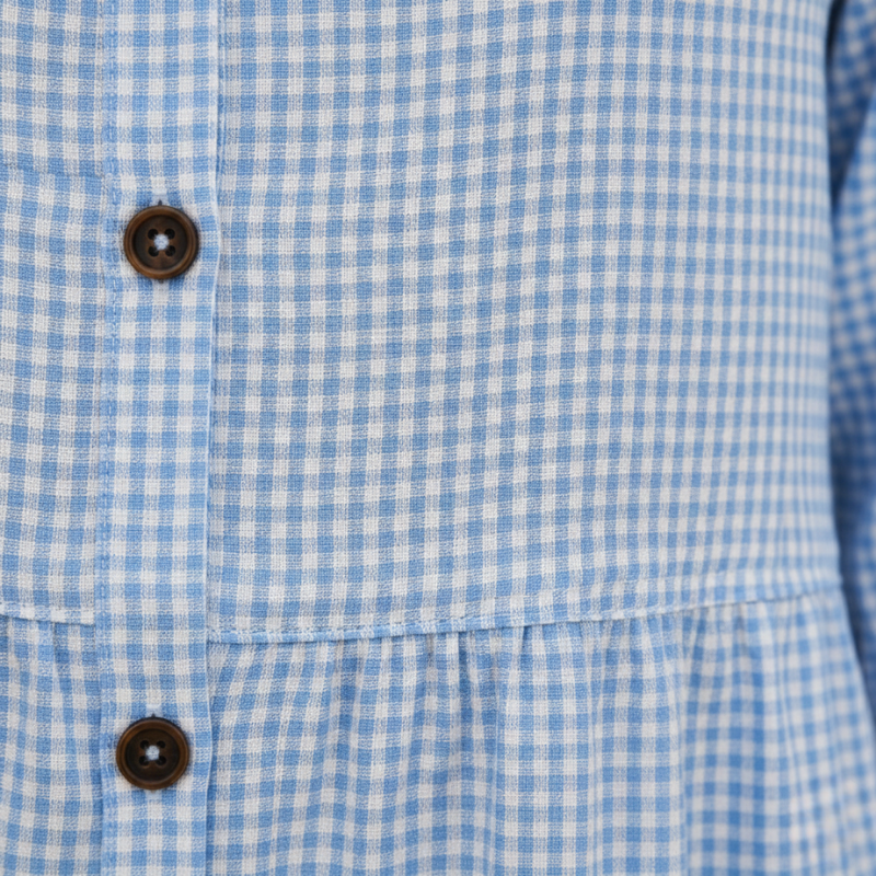Close-up of a blue and white checkered shirt with buttons.