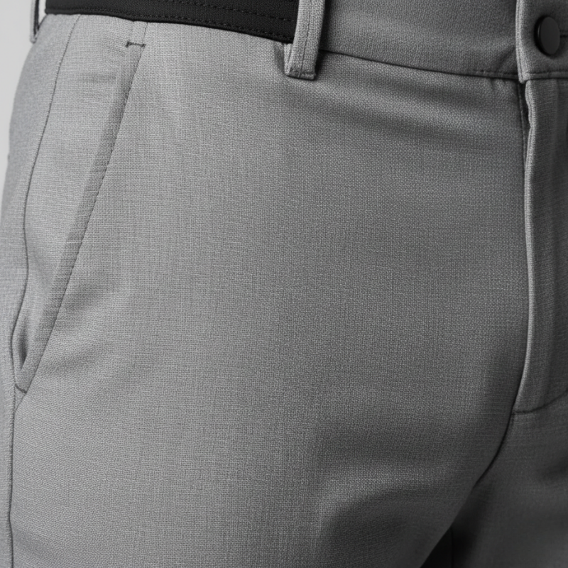 Close-up of gray pants with a belt and button detail on a light gray background