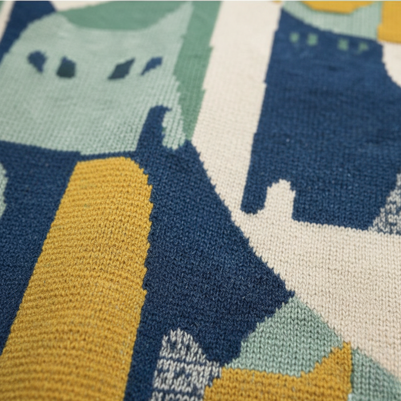 Close-up of a textured fabric with geometric pattern in blue, green, and yellow.