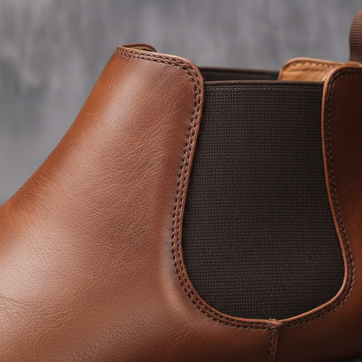 Close-up of a brown leather boot with a textured brown lining on a gray background
