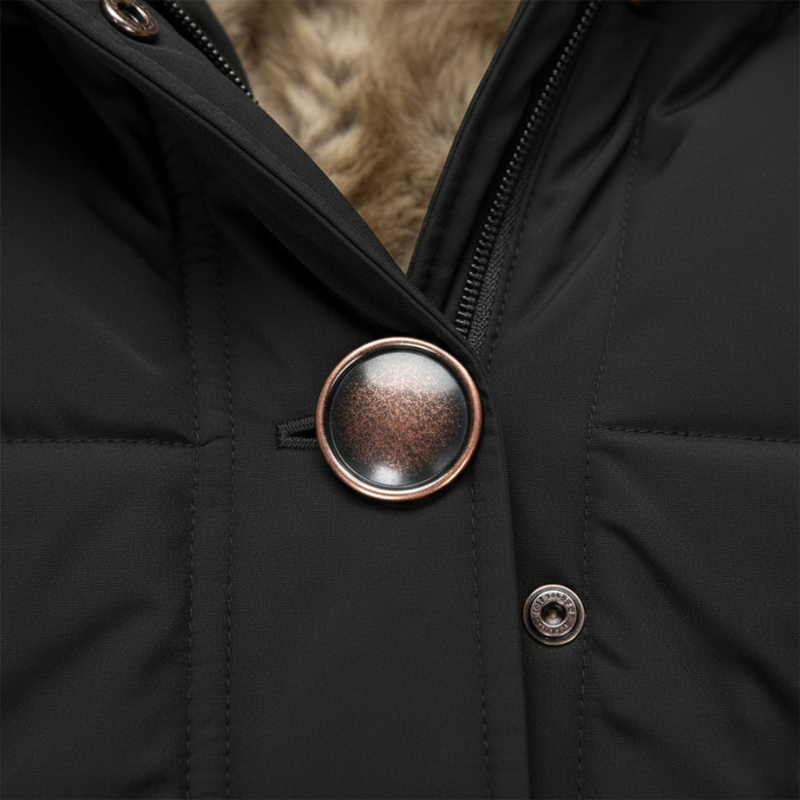Close-up of a black jacket with a button and fur lining