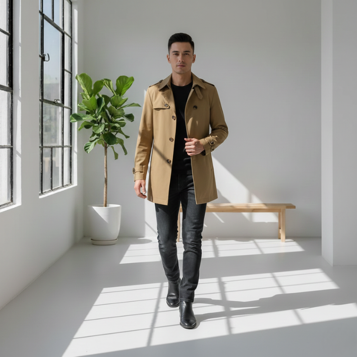 Man in a beige trench coat walking in a bright room with large windows and a plant.