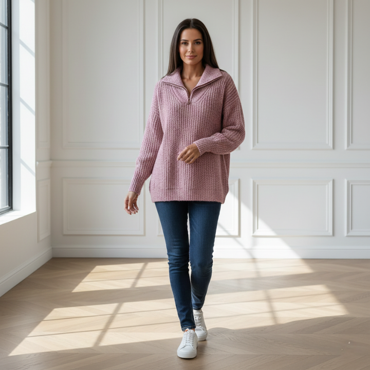 Rosa Strickpullover mit grobem Maschenbild und modernem Kragen, kombiniert mit Jeans in einem hellen Innenraum.