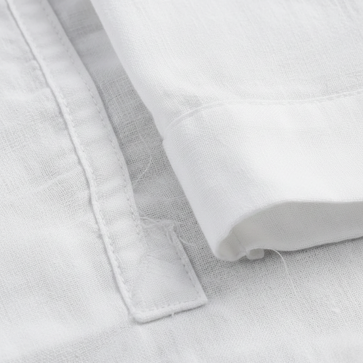 Close-up shot of breathable white linen fabric showing weave texture and soft lightweight material.