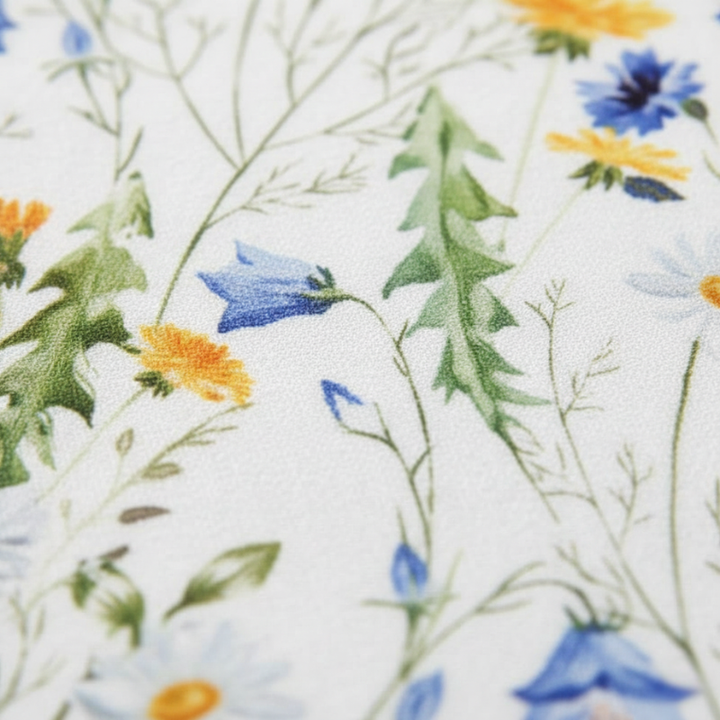 Close-up of floral dress fabric showing detailed botanical prints in blue, yellow, and green.